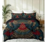 Double Duvet Set Cot-bed, Easy Care Premium Luxury Microfiber Reversible Quilt Cover, Crow Runes Disc Viking Gothic Bedding Sets with Zipper Closure, Black