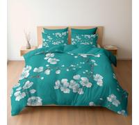 Double Duvet Set, Elegant Cherry Blossom Premium Brushed Microfiber 200 x 200 cm, Ultra Soft Reversible Luxury Quilt Cover Bedding Set With Zipper Closure, Teal