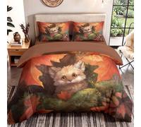 Double Duvet Set Fairy Tale Animal Brushed Microfiber with Pillowcases and 30cm Deep Fitted Bed Sheet for Boys & Girls Soft Breathable Fox Maple Leaves