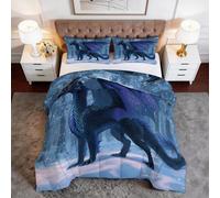 Double Duvet Set Fantasy Animals Dragon Winter Forest Soft Reversible Bedding, Warm Cosy Iridescent Duvet with Pillowcases, Lightweight Washable Quilt for All Seasons 200 x 200 cm