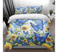 Double Duvet Set Flower Blue Butterfly Duvet Cover Sets Microfiber Soft Bedding Double Bed Set Washable Hidden Zipper Closure Bedding Includes Pillow Cases 2 Pack 50x75cm