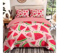 Double Duvet Set Fresh, Cartoon, Fruit Brushed Microfiber with Pillowcases and 30cm Deep Fitted Bed Sheet for Boys & Girls Soft Breathable Pink, Watermelon