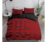 Double Duvet Set Halloween Kids Bedding Double Bed Set Soft Microfiber 3 Piece Halloween Bat, Red Bedding Teenager Room Decoration Duvet Covers with 2 Pillow Case (Double,200x200cm)