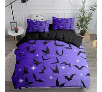 Double Duvet Set Halloween Kids Bedding Double Bed Set Soft Microfiber 3 Piece Purple Starry Halloween Bat Bedding Teenager Room Decoration Duvet Covers with 2 Pillow Case (Double，200x200cm)