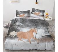 Double Duvet Set Horse Kids Bedding Double Bed Set Soft Microfiber 3 Piece Winter Snow Outdoor Animal Horse Bedding Boys Teenager Room Decoration Duvet Covers with 2 Pillow Case (Double，200x200 cm)