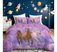 Double Duvet Set King, Easy Care Premium Luxury Microfiber Reversible Quilt Cover, Animals Horses Flowers Dreamy Pastoral Bedding Sets with Zipper Closure, Purple
