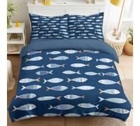 Double Duvet Set Mediterranean, Cartoon, Animal Brushed Microfiber fitted sheet with Pillow cases Set 4 Piece Blue, Fish Bedding Set for Boys & Girls