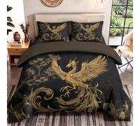 Double Duvet Set Oriental, Fantasy, Luxurious Brushed Microfiber with Pillowcases and 30cm Deep Fitted Bed Sheet for Boys & Girls Soft Breathable Phoenix, Tree, Animal