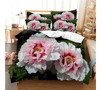 Double Duvet Set Pink Peony Soft Duvet Cover Sets Double 110g/㎡ Microfiber Double Duvet Cover and 2 Pillowcases (19"x29") Quilt Cover for Young Boys Girls Children Boys Girls