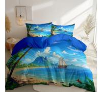 Double Duvet Set Premium Brushed Microfiber Duvet Cover 200 x 200 cm, Luxury Reversible Coastal Sailboat Hot Beach Palm Trees theme Bedding For Adult, Sapphire Blue Printed Quilted Bedding Bed Sets