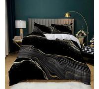 Double Duvet Set Simple Black Gold Lines Soft Microfiber Duvet Cover Set with Zipper Closure, Bedding Double Bed Set with 2 Pillowcases, Ultra Comfortable Quilt Cover