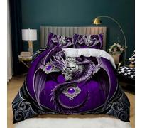 Double Duvet Set Skull & Purple Dragon Soft Microfiber Duvet Cover Set with Zipper Closure, Bedding Double Bed Set with 2 Pillowcases, Ultra Comfortable Quilt Cover