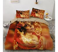 Double Duvet Set Skull Rose Kids Bedding Double Bed Set Soft Microfiber 3 Piece Flame Gothic Girl Bedding Teenager Room Decoration Duvet Covers with 2 Pillow Case (Double，200x200cm)