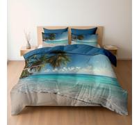 Double Duvet Set, Tropical Beach Waves Sand Palm Premium Brushed Microfiber 200 x 200 cm, Ultra Soft Reversible Luxury Quilt Cover Bedding Set With Zipper Closure, Deep Teal