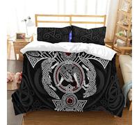 Double Duvet Set Viking Wolf Kids Bedding Double Bed Set Soft Microfiber 3 Piece Viking Mythology Totem Bedding Teenager Room Decoration Duvet Covers with 2 Pillow Case (Double，200x200cm)