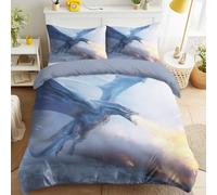 Double Easy-Care Duvet Cover, Fantasy Dragon Flames Magic Epic Microfiber Bedding Set for Bedroom Guestroom Dormitories, Ice Blue, 200 x 200 cm 79" x 79"