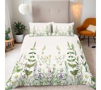 Double Elegant Wild Flowers And Green Leaves Bedding Set Ultra-Soft Microfiber Duvet Cover Set 3Pcs-200x200cm+2 Pillowcases 50x75cm-Pastoral Style 3D Printed Design with Zip Closure & Corner Ties