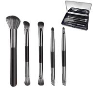 Double End Eyeshadow Brushes, Kabuki Makeup Brush Set, Angled Foundation Nose Face Contour Eye Blending Eyeliner Eyebrow Concealer Brushes, Travel Make Up Kit with Portable Compact Mirror Case, 5Pcs