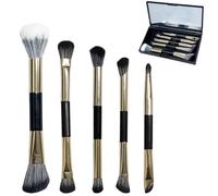 Double End Eyeshadow Brushes, Kabuki Makeup Brush Set, Angled Foundation Nose Face Contour Eye Brow Eyeliner Blending Brushes, Travel Make Up Kit with Portable Compact Mirror Case, 5Pcs Gold
