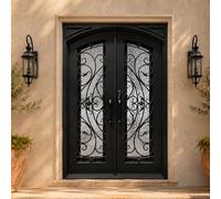Double Entry Doors Prehung Wrought Iron Exterior Doors with Curved Ornamental Motifs & Water Cubic Low-E Glass Matte Black Finish 64" W x 81" H Durable & Elegant Design