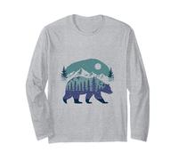 Double Exposure Bear Mountain Forest Wildlife Graphic Design Long Sleeve T-Shirt