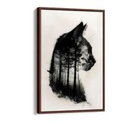 Double exposure of black cat and dark forest Canvas Floater Frame Print Picture Art - Walnut Frame 8 inch wide x 12 inch high