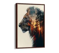 Double exposure of lion and sunset in forest Canvas Floater Frame Print Picture Art - Walnut Frame 8 inch wide x 12 inch high