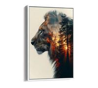 Double exposure of lion and sunset in forest Canvas Floater Frame Print Picture Art - White Frame 12 inch wide x 18 inch high