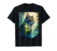 Double Exposure Pine Forest Cat Mystical Nature Aesthetic T-Shirt