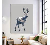 Double Exposure Style Wall Art Decor, A Silhouette Of A Deer In The Mountains And Forests Canvas Wall Poster for Bedroom Living Room Bathroom Decor 47 x 31 in, Unframed, Blue And White