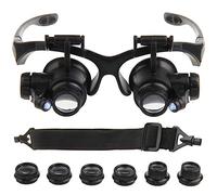 Double Eye Loupe Wearing Repair Magnifying Glasses, LED Illuminated Jeweler Watch Clock Repairing Headband Magnifier, 4 Pairs Interchangeable Lens 10X 15X 20X 25X, Black