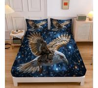 Double Fitted Sheet 135x190cm with 2 Pillowcases, Dark Blue, Brushed Microfiber Ultra Soft Double Bed Sheets,Breathable 30 cm Deep Steam Punk Animals Night Sky Mechanical Bird Fitted Sheets