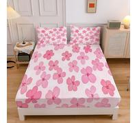 Double Fitted Sheet 135x190cm with 2 Pillowcases, Pink, Brushed Microfiber Ultra Soft Double Bed Sheets,Breathable 30 cm Deep Plants Illustrations Flowers Peach Blossoms Fitted Sheets