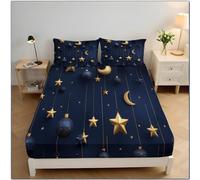Double Fitted Sheet 30cm Deep Fit - Soft Microfibre Gold Glitter Stars Moon Dark Blue Fitted Bed Sheets with 2 Envelope Pillowcases,135×190 cm (Fits Mattress Up to 30cm Deep)