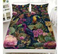 Double Fitted Sheet 54x75 inch, Tropical Cheetah Parrot Florals Soft & Quality Hypoallergenic Microfibre Bedding, 12"/30cm Deep Pocket Sheet, Colorful Fitted Bed Sheet Sets for Children and Adults