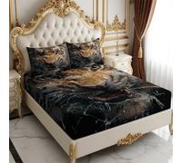 Double Fitted Sheet Animal tiger head texture 140 x 190 cm 25cm Deep Pocket Soft Microfiber Breathable Bottom Sheet brown Bedding