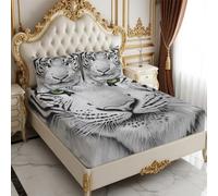 Double Fitted Sheet animal tiger Set 140 x 190 cm 25cm Deep Pocket Soft Microfiber with 2 Pillowcases grey Bedding