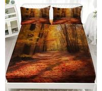 Double Fitted Sheet, Autumn Forest Scenery Fitted Bed Sheet Deep Pocket (30cm) - Nature Soft Microfibre 3D Fitted Sheets - Shrinkage and Fade Resistant Bedding for Kids Aldults