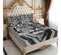 Double Fitted Sheet Black Tiger Set 160 x 200 cm 3 Piece Bedding Set with Pillowcases Soft Polyester grey Room Decor