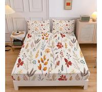 Double Fitted Sheet Brown, Extra Deep Pocket Bed Fitted 12 inch 30 cm, Abstract Plants Autumn Leaves Ultra Soft Microfiber Bottom Sheet, 135x190cm