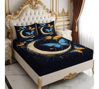 Double Fitted Sheet Butterfly Crescent Set 160 x 200 cm 3 Piece Bedding Set with Pillowcases Soft Polyester Watercolor painting Room Decor