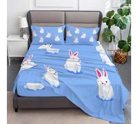 Double Fitted Sheet, Cartoon Animal Rabbit Soft Breathable Fitted Bed Sheets - Anti-Wrinkle Easy Care, Non Iron Polycotton Elasticated Corner Bedding, Sky Blue
