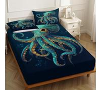 Double Fitted Sheet Cartoon Octopus Set 140 x 190 cm 25cm Deep Pocket Soft Microfiber with 2 Pillowcases green Bedding