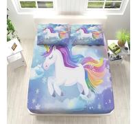 Double Fitted Sheet Cartoon Style Unicorn Snowflakes Bedding Fitted Sheets 135x190cm Soft Brushed Microfiber Easy Care Fade Resistant Breathable Colorful Fitted Sheet 30cm Deep, with 2 Pillow Case