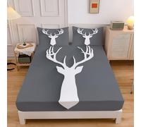 Double Fitted Sheet Cartoons Animals Grey Bed Sheets Extra Deep 12inch, Geometry Deer Silhouette Soft Brushed Microfiber Fitted Sheets Set for Children and Adults with 2x Pillowcases