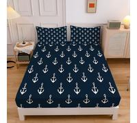 Double Fitted Sheet Dark Blue, Extra Deep Pocket Bed Fitted 12 inch 30 cm, Nautical Theme White Anchor Ultra Soft Microfiber Bottom Sheet, 135x190cm