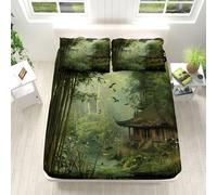 Double Fitted Sheet Green Bamboo Forest Wooden House River Bed Sheets Extra Deep 12inch, Fitted Sheets Soft Brushed Microfiber, Fitted Sheet Set for Children and Adults with 2x Pillowcases