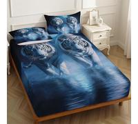 Double Fitted Sheet Moon White Tiger Set 160 x 200 cm 3 Piece Bedding Set with Pillowcases Soft Polyester White Room Decor