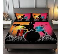 Double Fitted Sheet Musical Elements Female Drummer, Deep Pocket 30 cm Easy Care, Breathable Soft Fabric, Shrinkage and Fade Resistant Fitted Sheet with 2 Pillow Cases, Color
