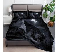 Double Fitted Sheet, Night Sky Moonlight Buildings Soft Breathable Fitted Bed Sheets - Anti-Wrinkle Easy Care, Non Iron Polycotton Elasticated Corner Bedding, Black